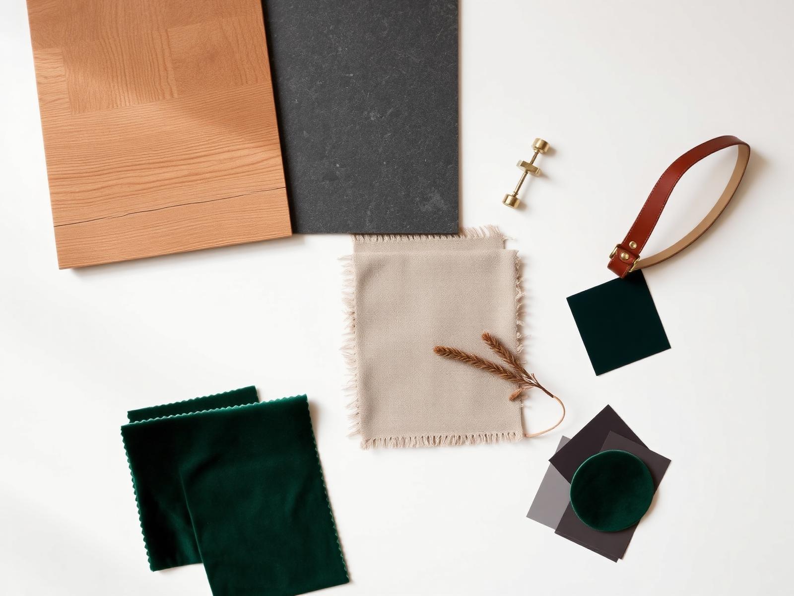 Designer mood board with oak, charcoal stone, soft taupe linen, forest velvet and brass hardware